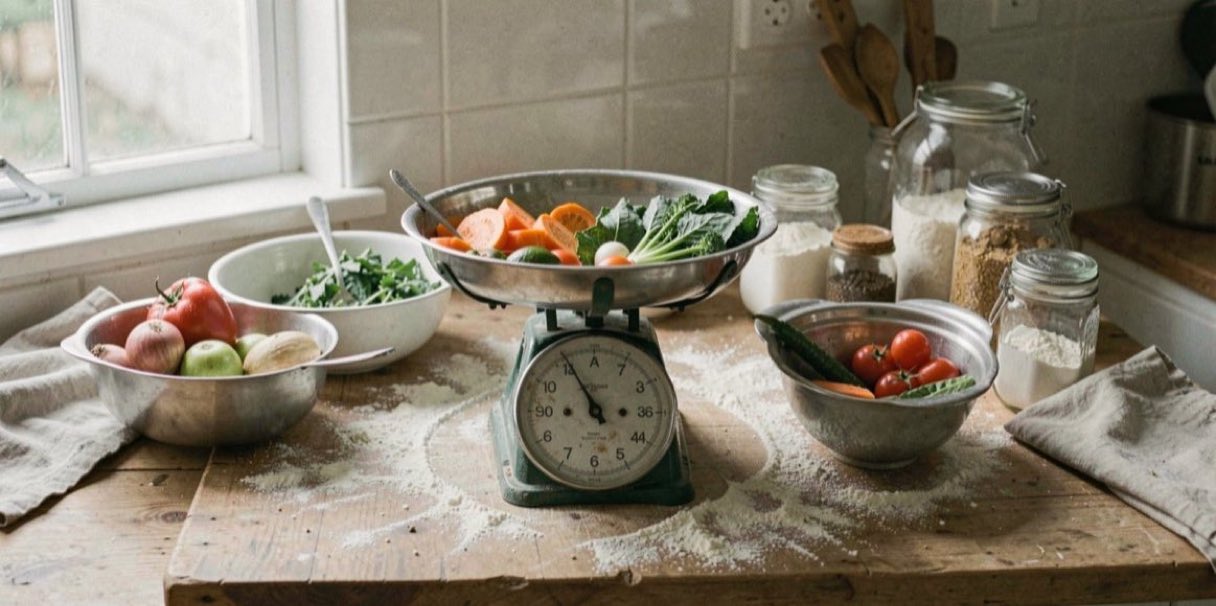 Balance de cuisine avec bols de légumes pesés sur un plan de travail préparé pour calculer les quantités d’un repas nombreux.