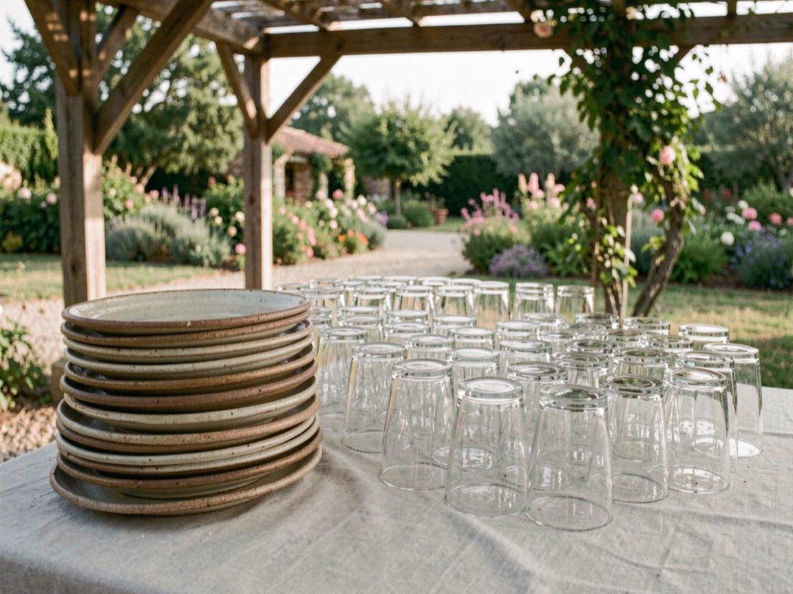 Vaisselle en grès empilée près de verres alignés sur une table de réception dressée en extérieur sous une tonnelle.