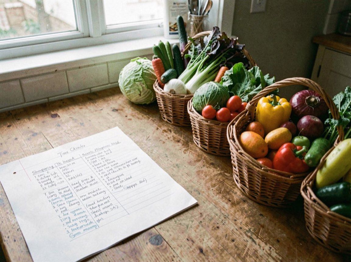 Table de travail de cuisine avec chronologie manuscrite, listes de courses et paniers de produits frais alignés.