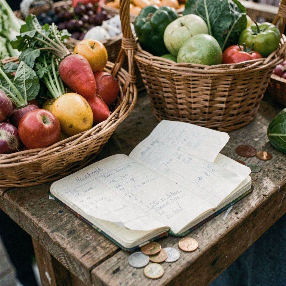 Carnet de comptes posé sur un étal de marché avec un panier de produits et des pièces de monnaie en vrac.