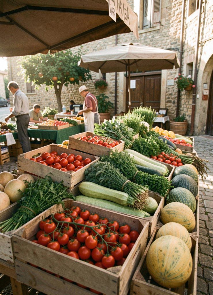 Étal de marché varois avec tomates, courgettes, melons et herbes fraîches disposés en cagettes au soleil du matin.